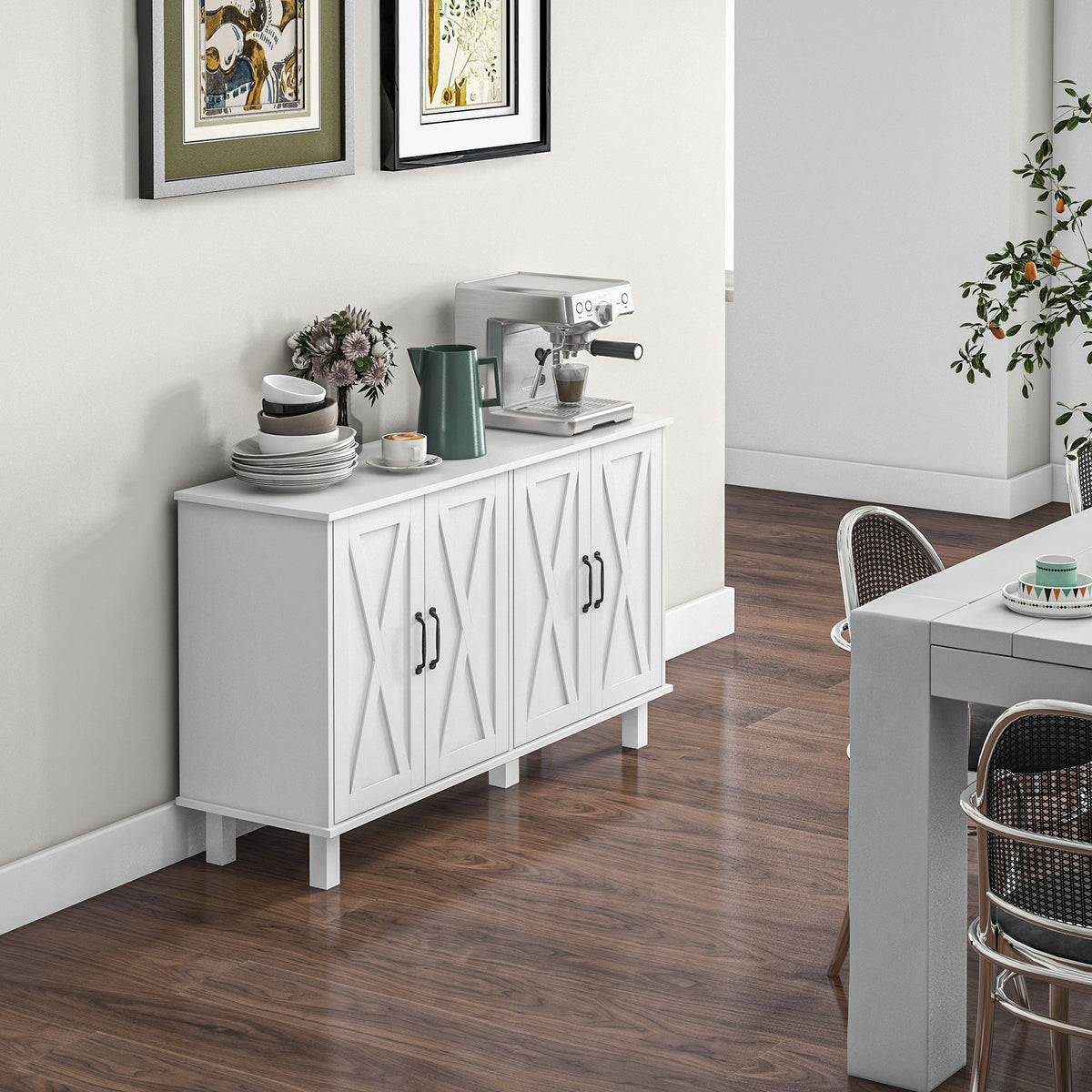 Kitchen Sideboard Cabinet with 4 Barn Doors and 2 Adjustable Shelves – 47"W x 30"H