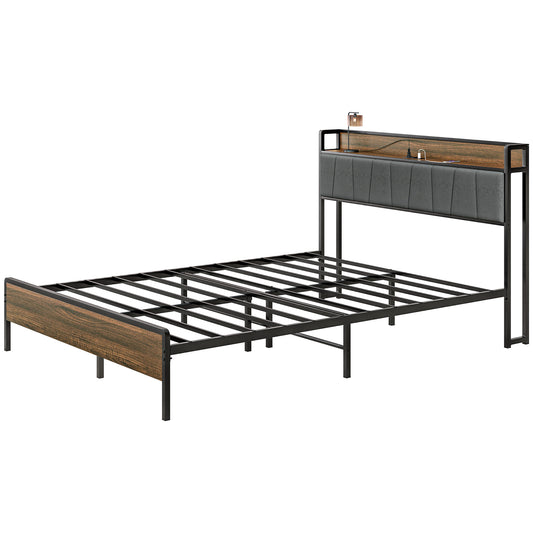 Upholstered Bed Frame with Charging Station and Storage Headboard