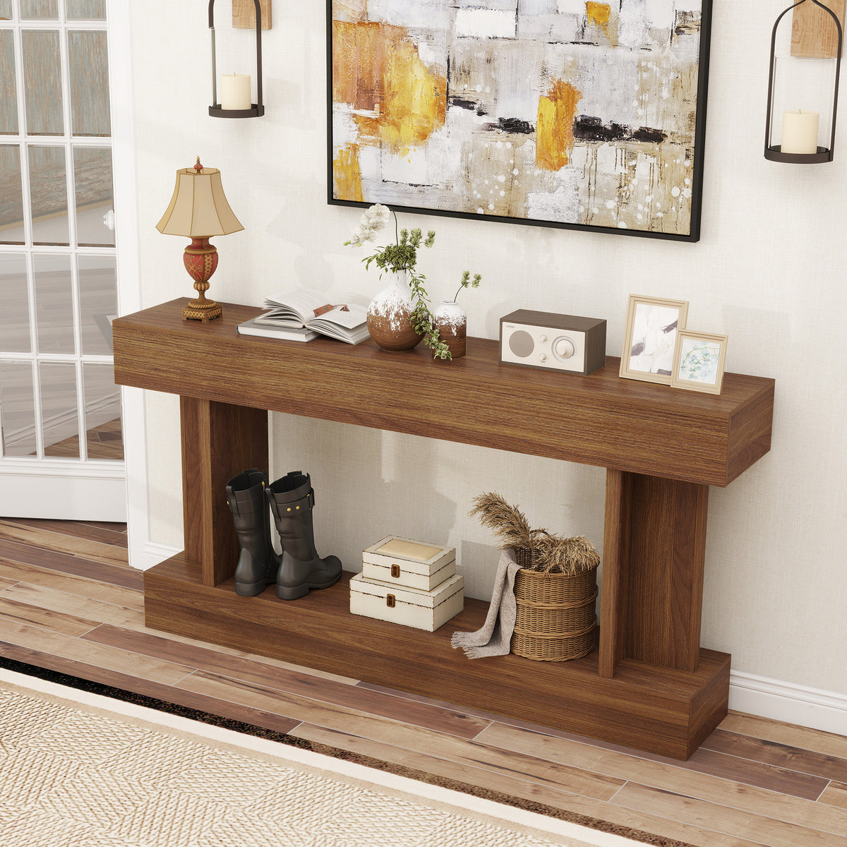 63" Long Vintage Console Table with Storage Shelf, Dark Brown