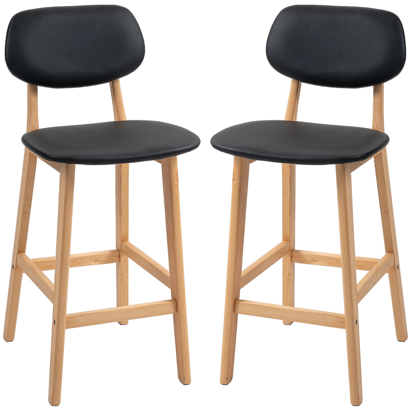 HOMCOM Set of 2 Black PU Leather Counter Height Bar Stools Solid Wood