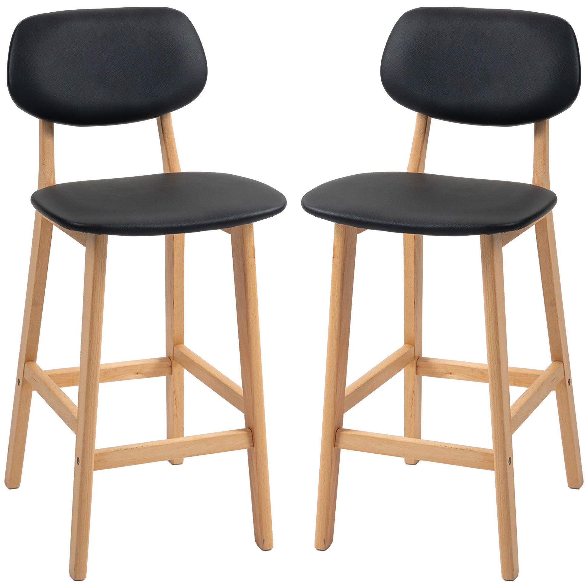 HOMCOM Set of 2 Black PU Leather Counter Height Bar Stools Solid Wood