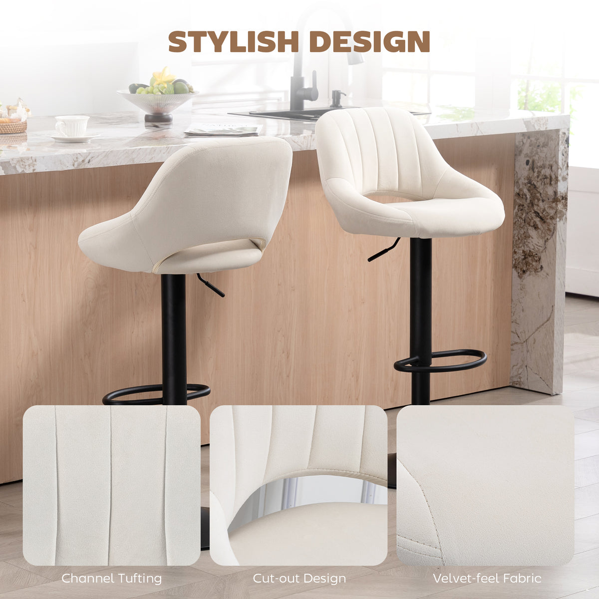 Velvet Swivel Counter Stools with Cutout Back, Set of 2, Cream White