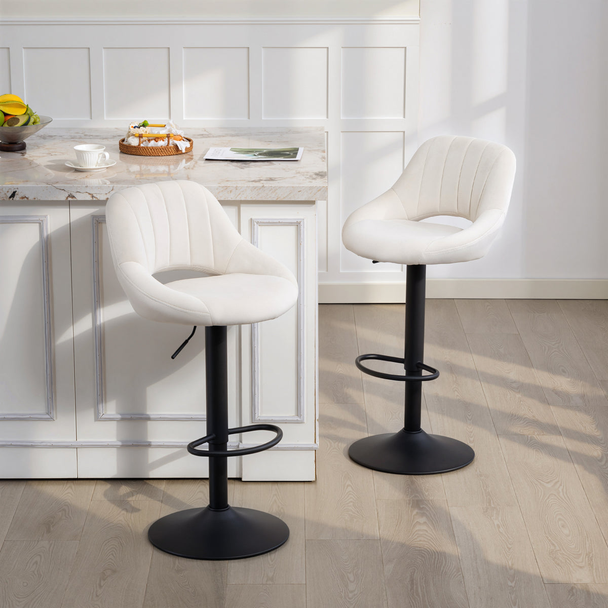 Velvet Swivel Counter Stools with Cutout Back, Set of 2, Cream White