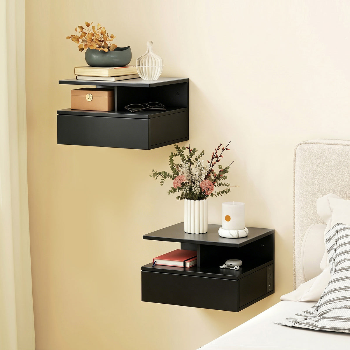Floating Nightstands with Power Outlets, Set of 2 – 16"W x 12"H
