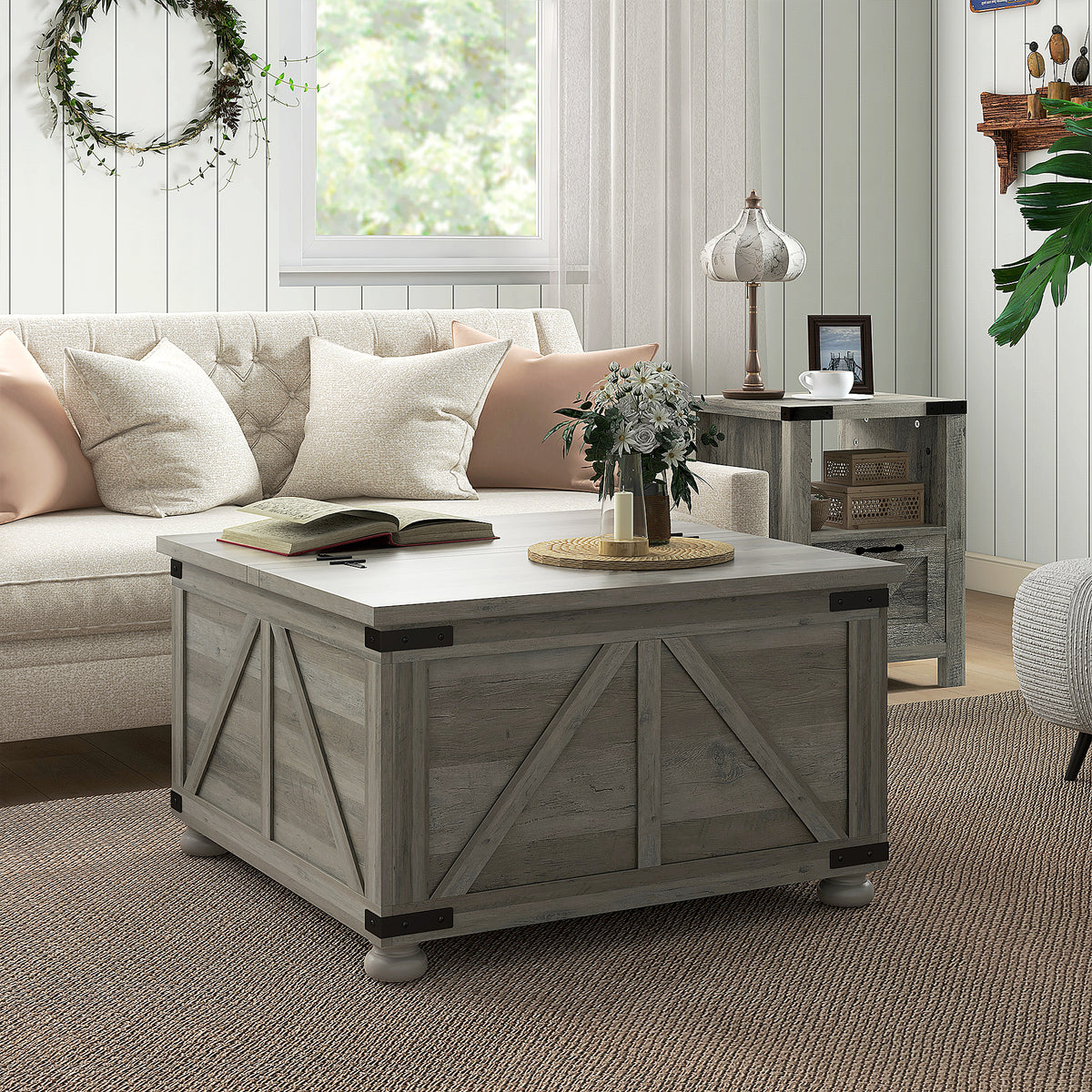 Farmhouse Square Coffee Table with Flip-Top Lids and Hidden Storage