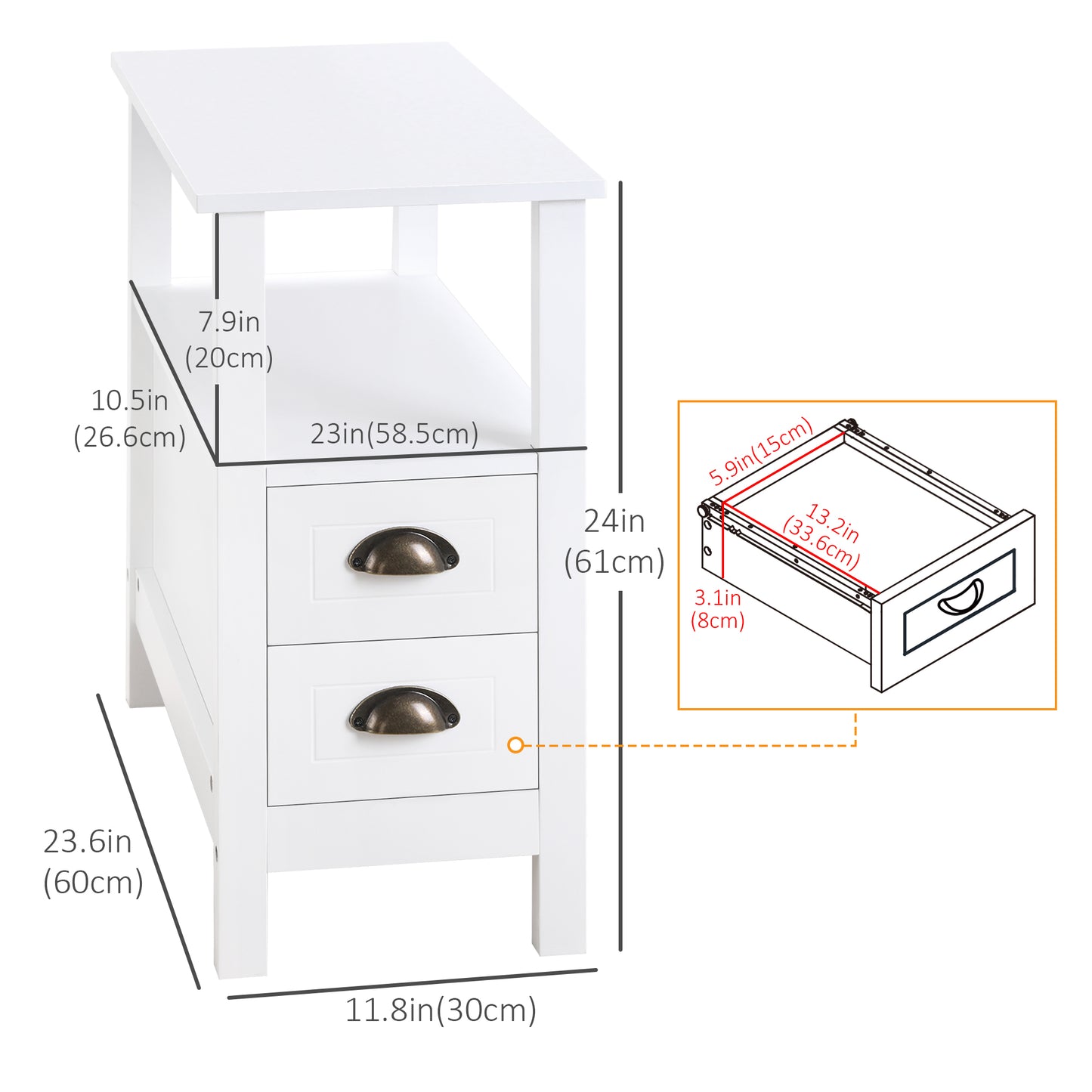 HOMCOM Modern Slim White End Table with 2 Drawers and Storage Shelf