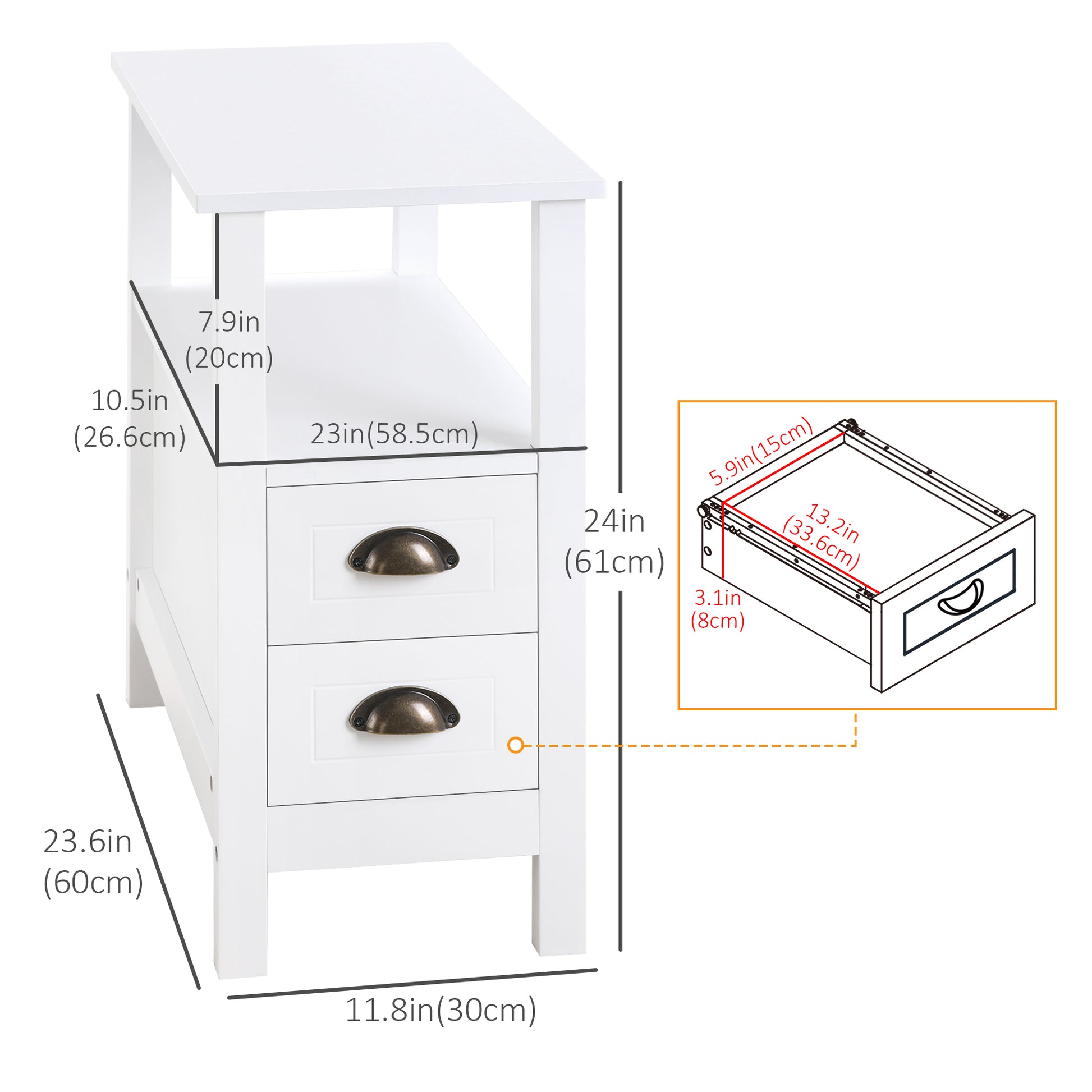 HOMCOM Modern Slim White End Table with 2 Drawers and Storage Shelf