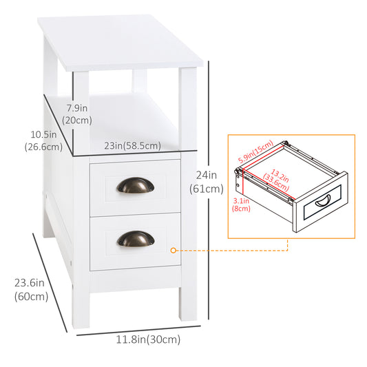 HOMCOM Modern Slim White End Table with 2 Drawers and Storage Shelf