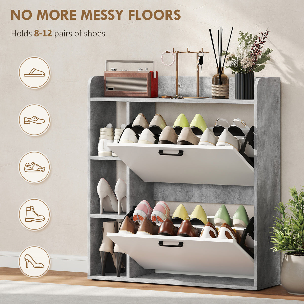 Shoe Cabinet with 2 Flip Drawers – 33"W x 36"H