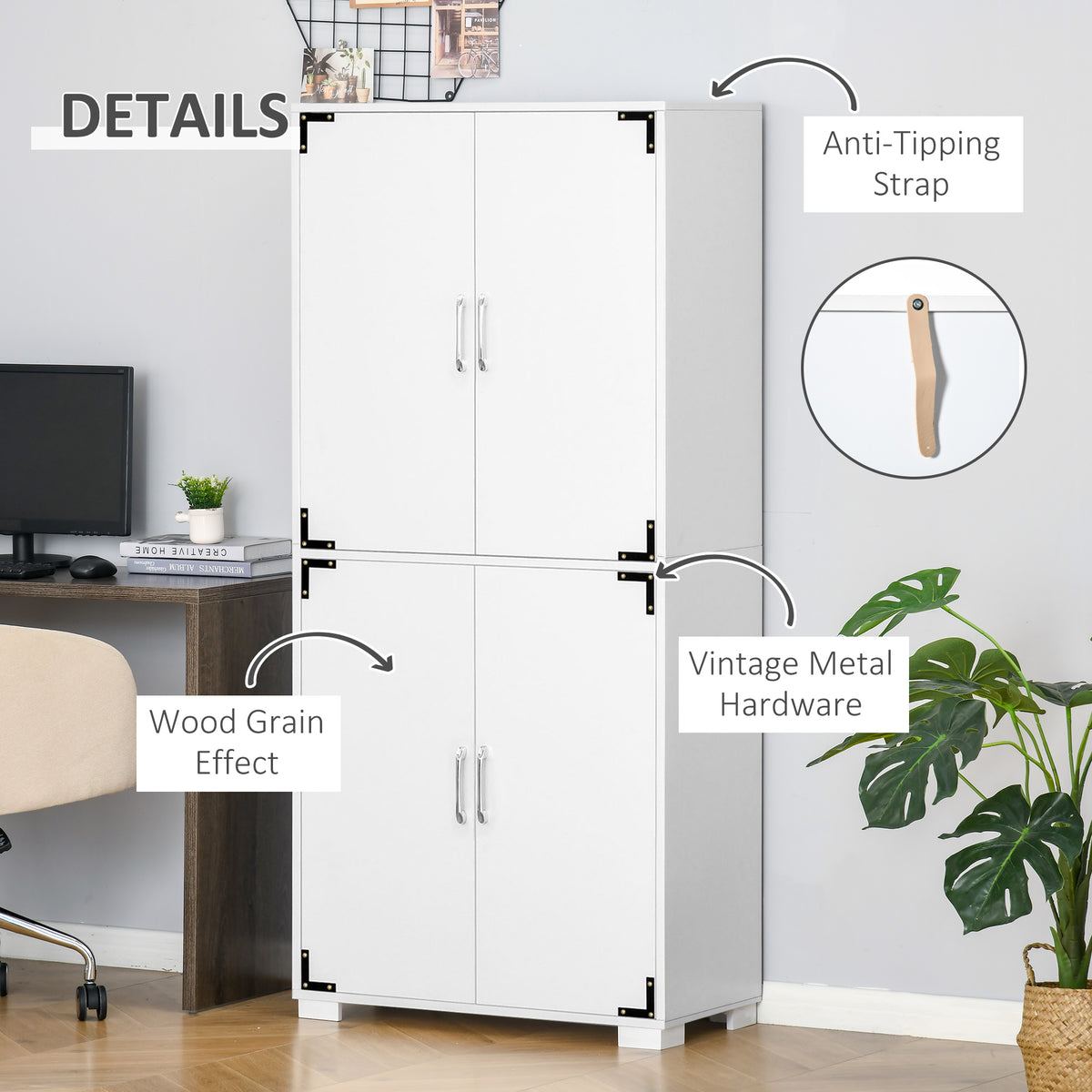 Farmhouse Kitchen Pantry Storage Cabinet with 4 Doors – 30"W x 63"H