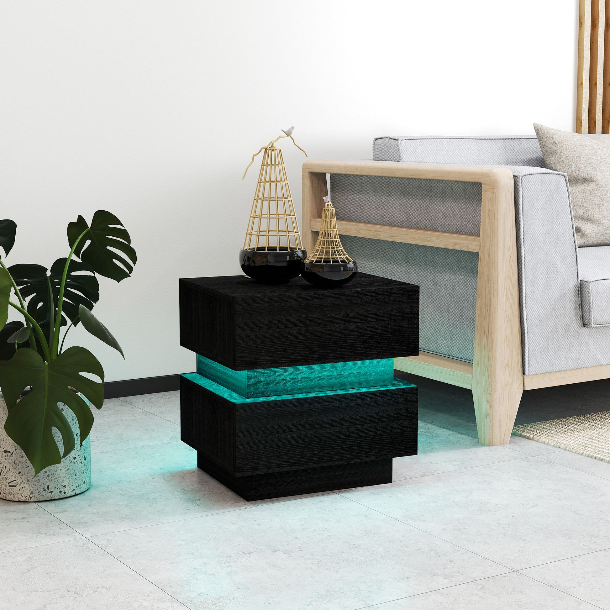 HOMCOM Modern Black Nightstand: LED Light, Charging Station, USB Ports, AC Outlets