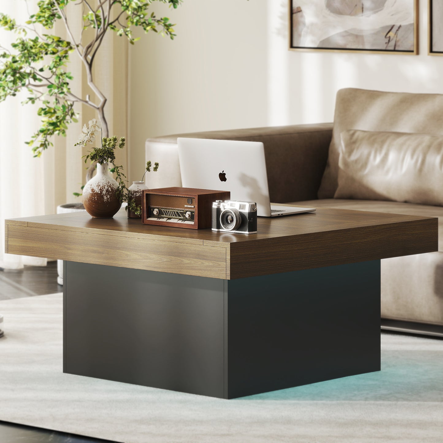 HOMCOM Modern Square Coffee Table with RGB LED Lights, Walnut Finish