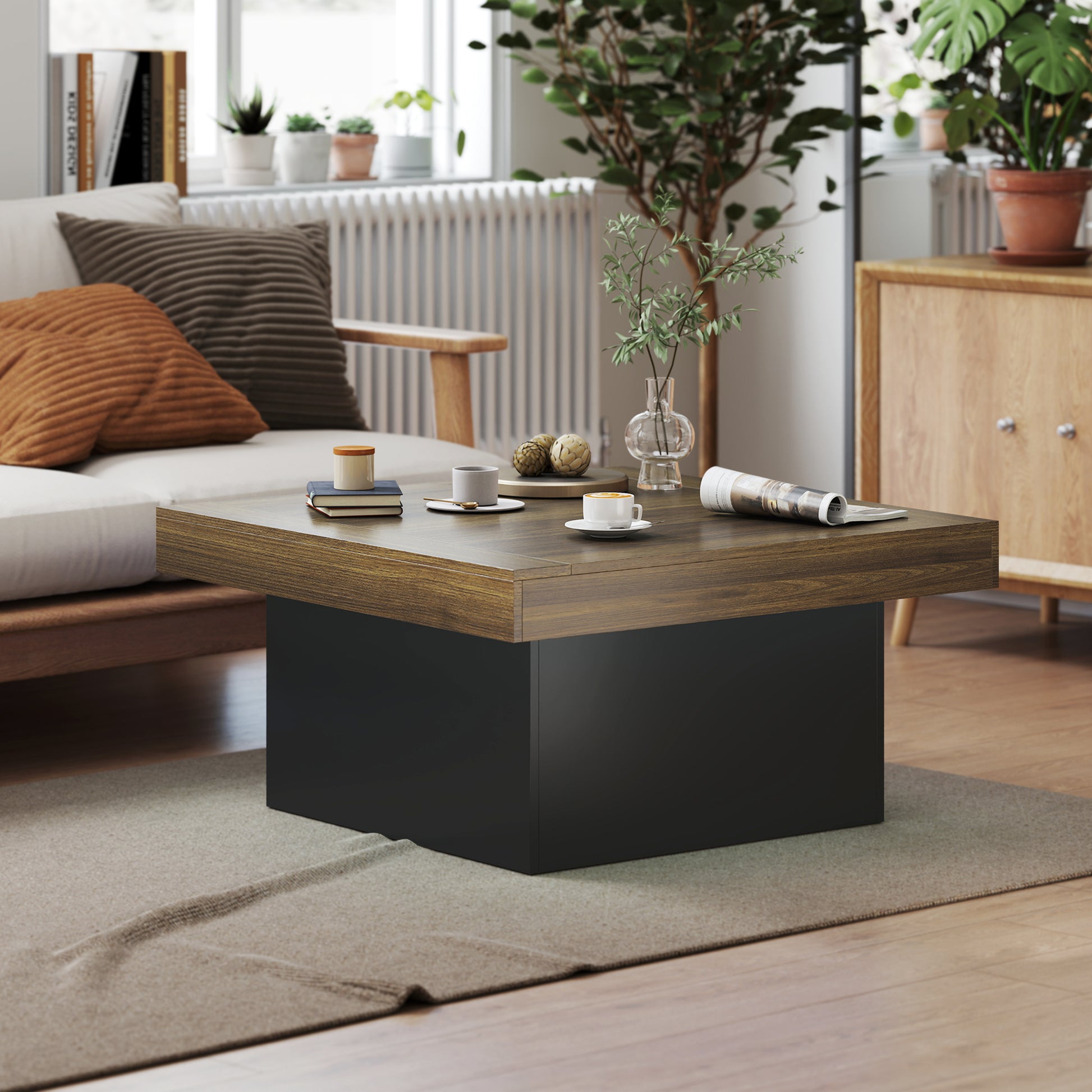 HOMCOM Modern Square Coffee Table with RGB LED Lights, Walnut Finish
