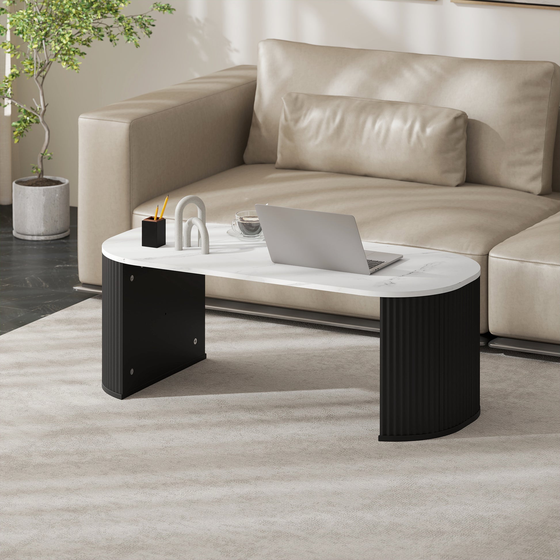 HOMCOM Modern Marble-Effect Coffee Table, Rounded Corners, Thick Black Legs