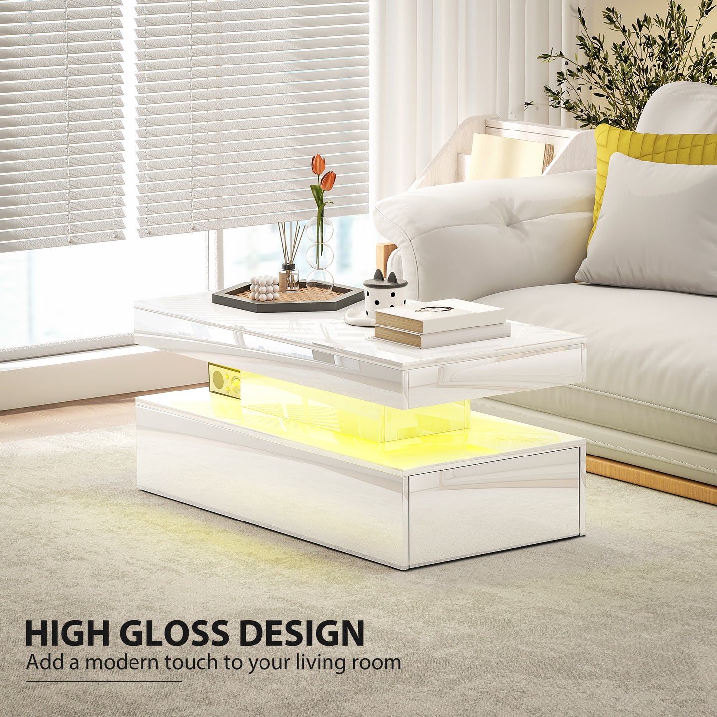 HOMCOM Modern High Gloss White LED Coffee Table with Two Drawers Storage