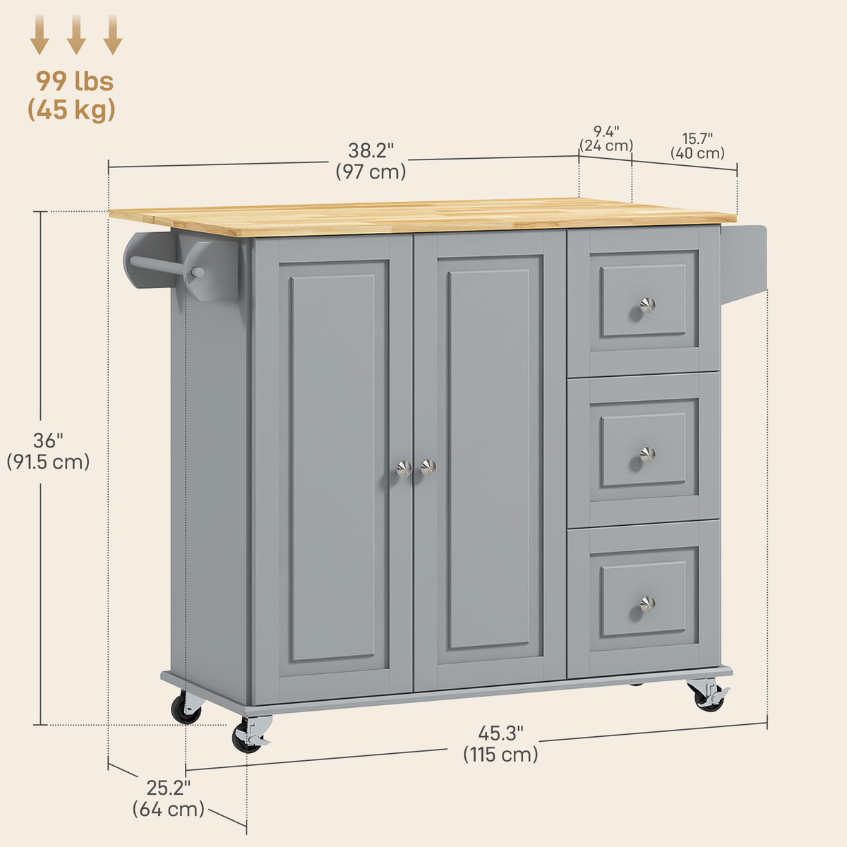 Kitchen Cart with Drop Leaf – 45"W x 36"H
