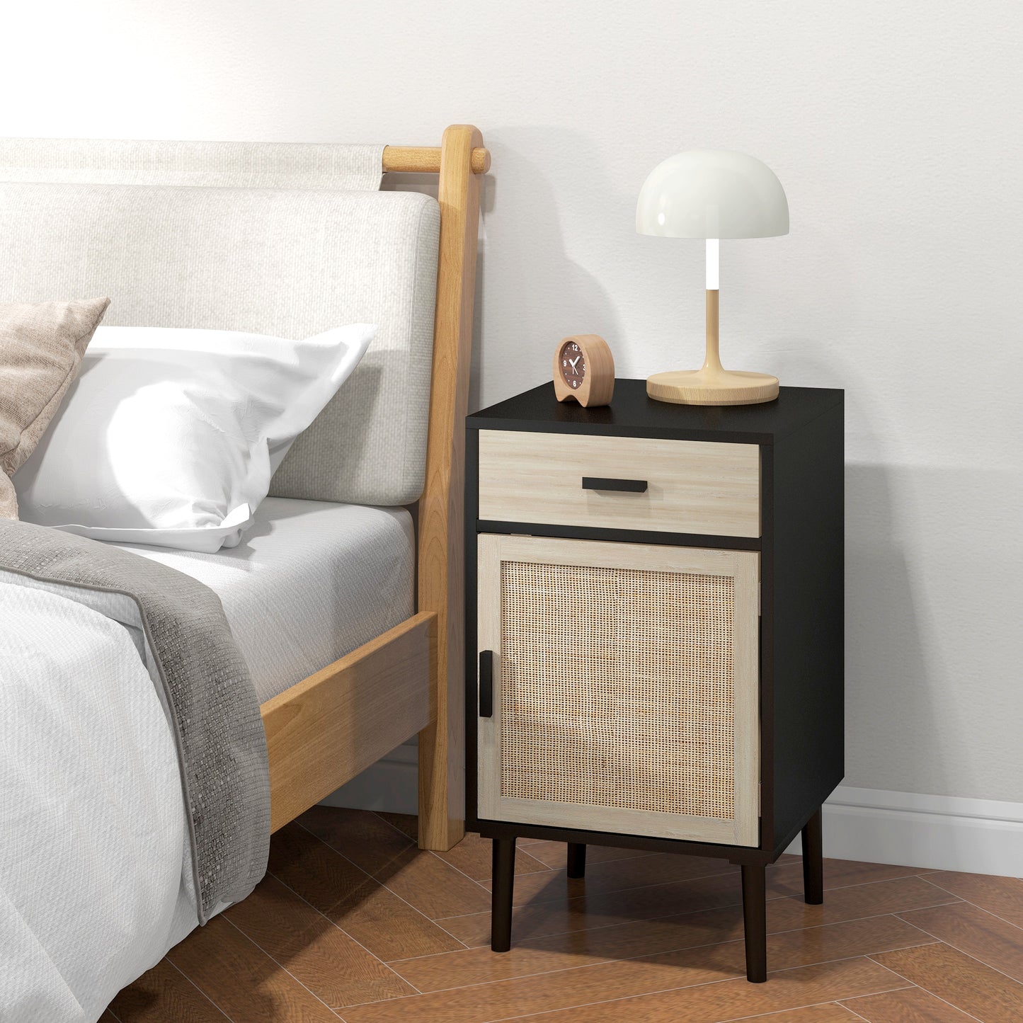 Elegant Dual Boho Rattan Nightstands with Drawer, Adjustable Shelf, Black Finish