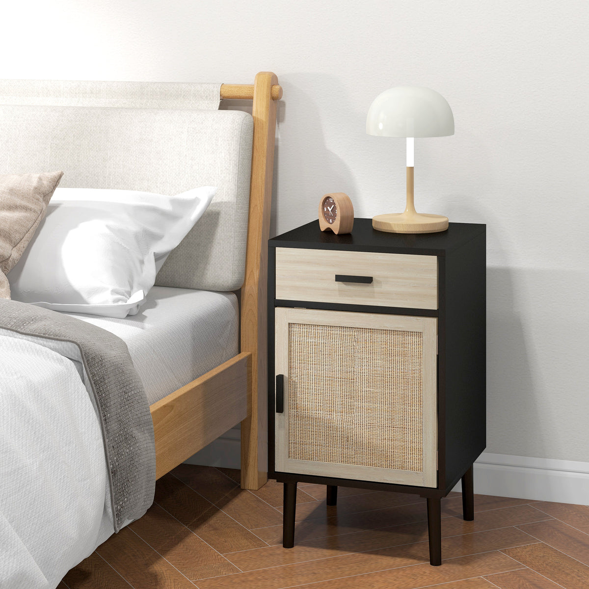 Boho Rattan Nightstands with Drawer and Cabinet, Set of 2 – 16"W x 27"H