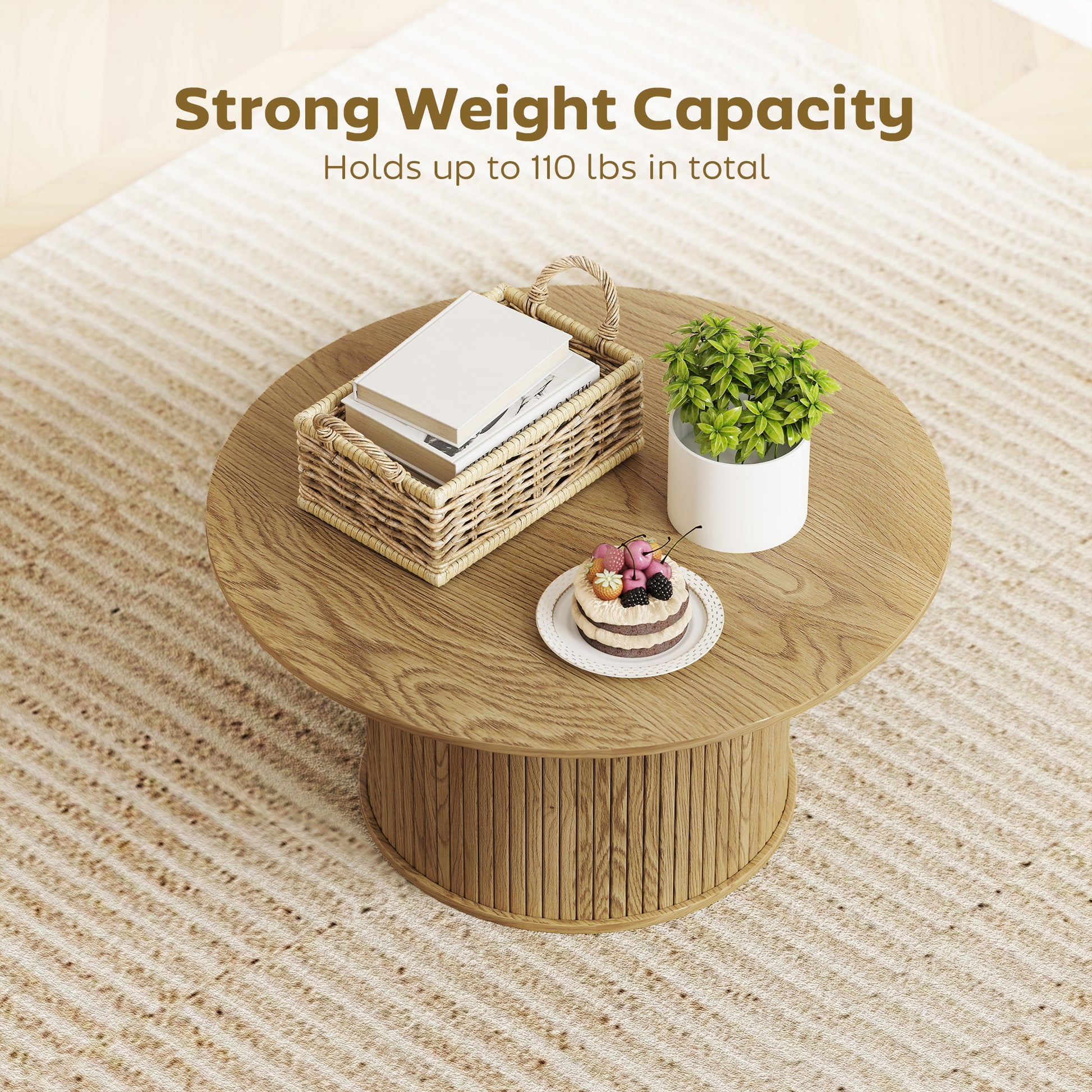 HOMCOM Nordic Round Oak Coffee Table with Fluted Cylindrical Base for Living Room