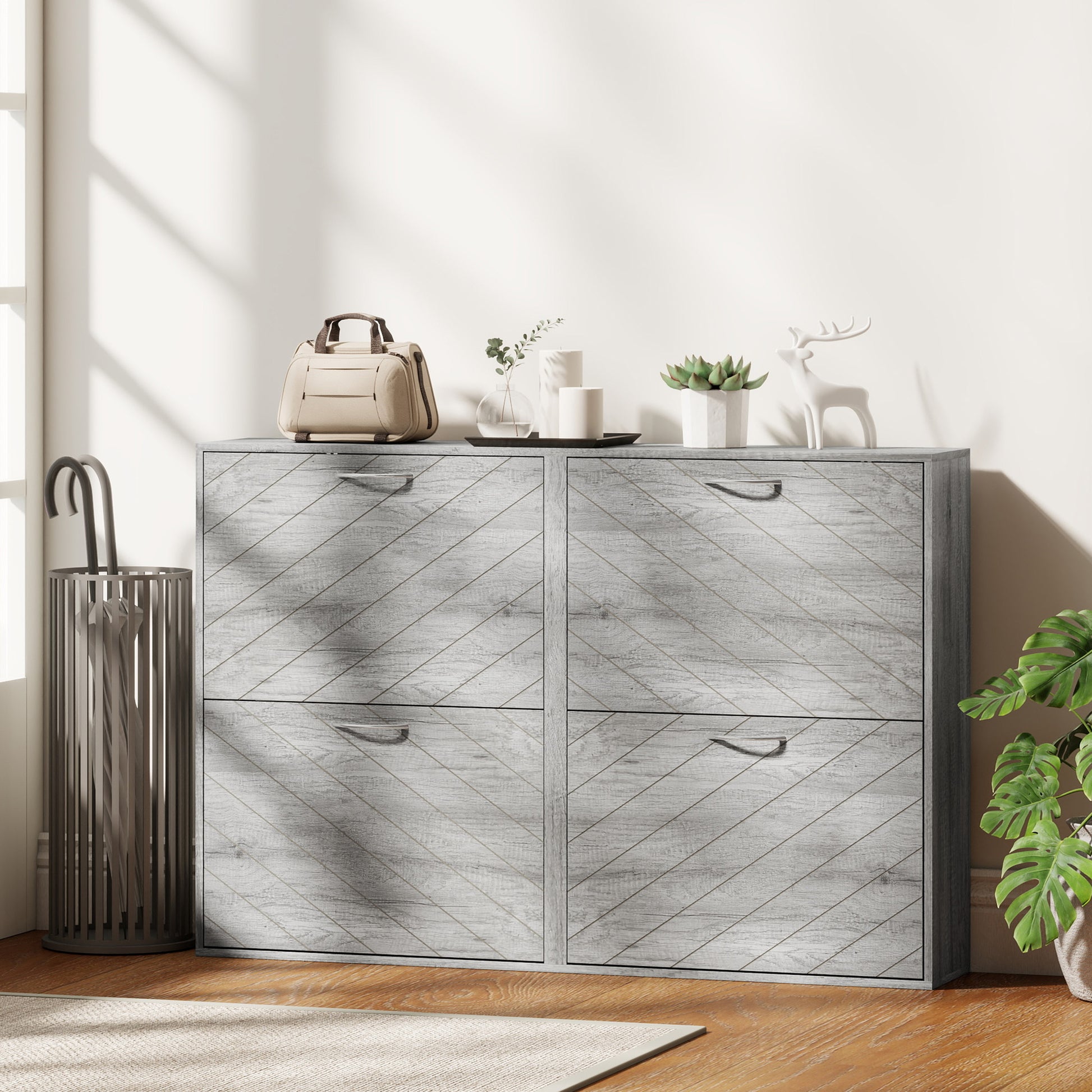 HOMCOM Slim Grey 4-Drawer Flip Shoe Cabinet 12 Pair Entryway Organizer