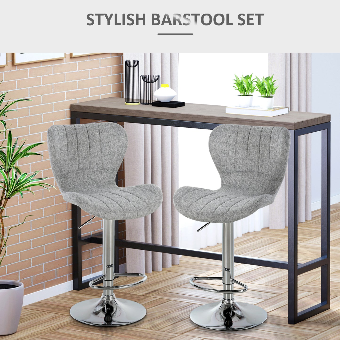 HOMCOM Two Grey Linen Adjustable Swivel Bar Stools with Footrest