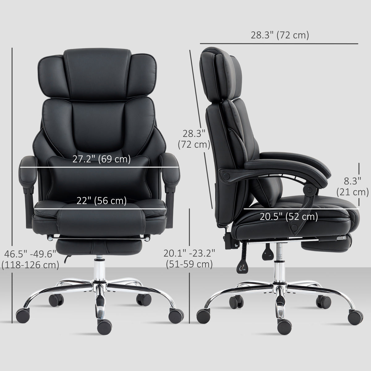 PU Leather Office Chair, Reclining Desk Chair with Footrest, Adjustable Headrest, Black