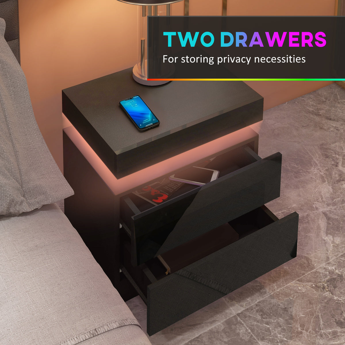 LED Nightstand with 2 Drawers – 18"W x 21"H
