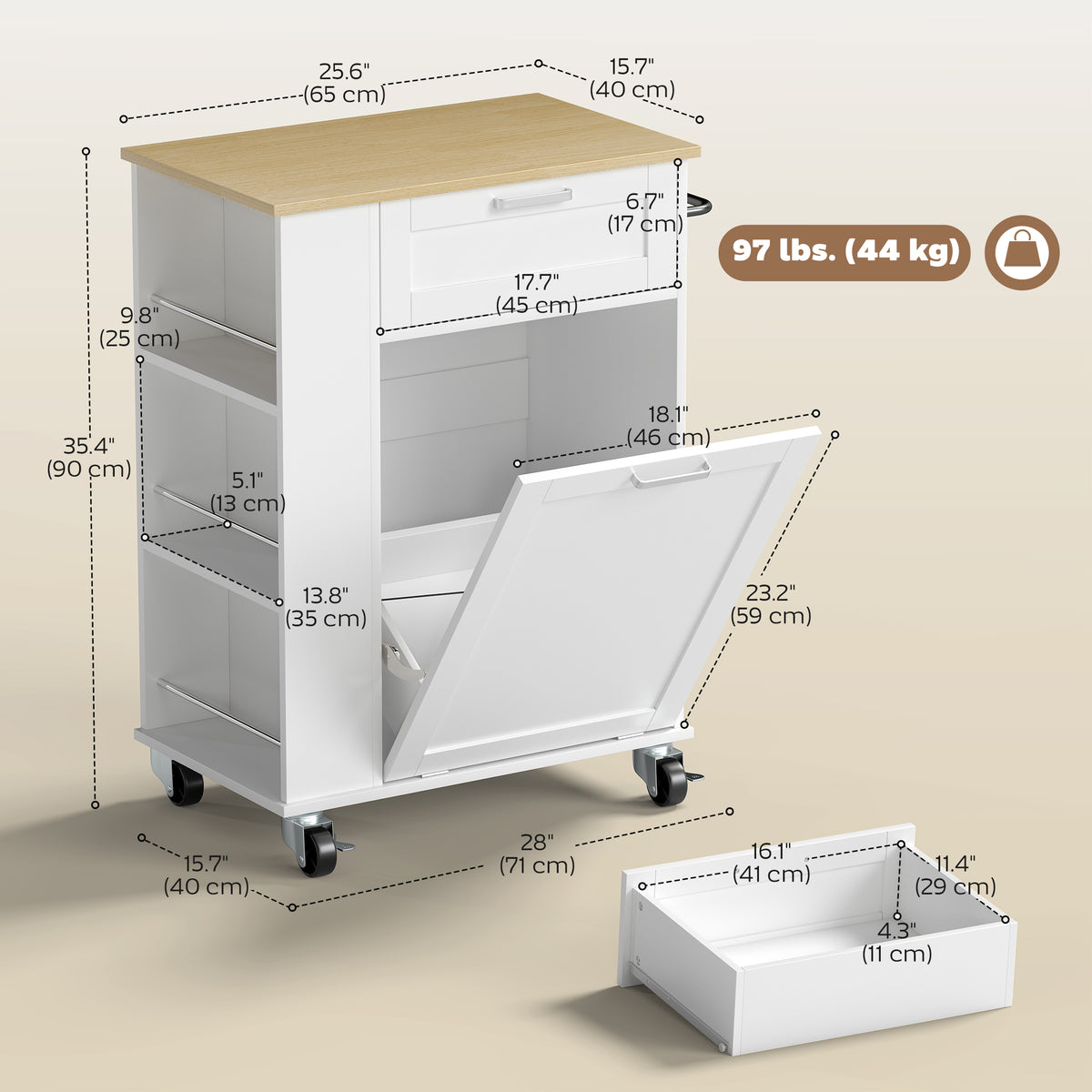 Rolling Kitchen Island with Trash Can Storage – 28"W x 35"H