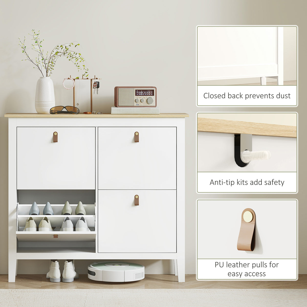 Narrow Shoe Cabinet with 4 Flip Drawers – 41"W x 38"H