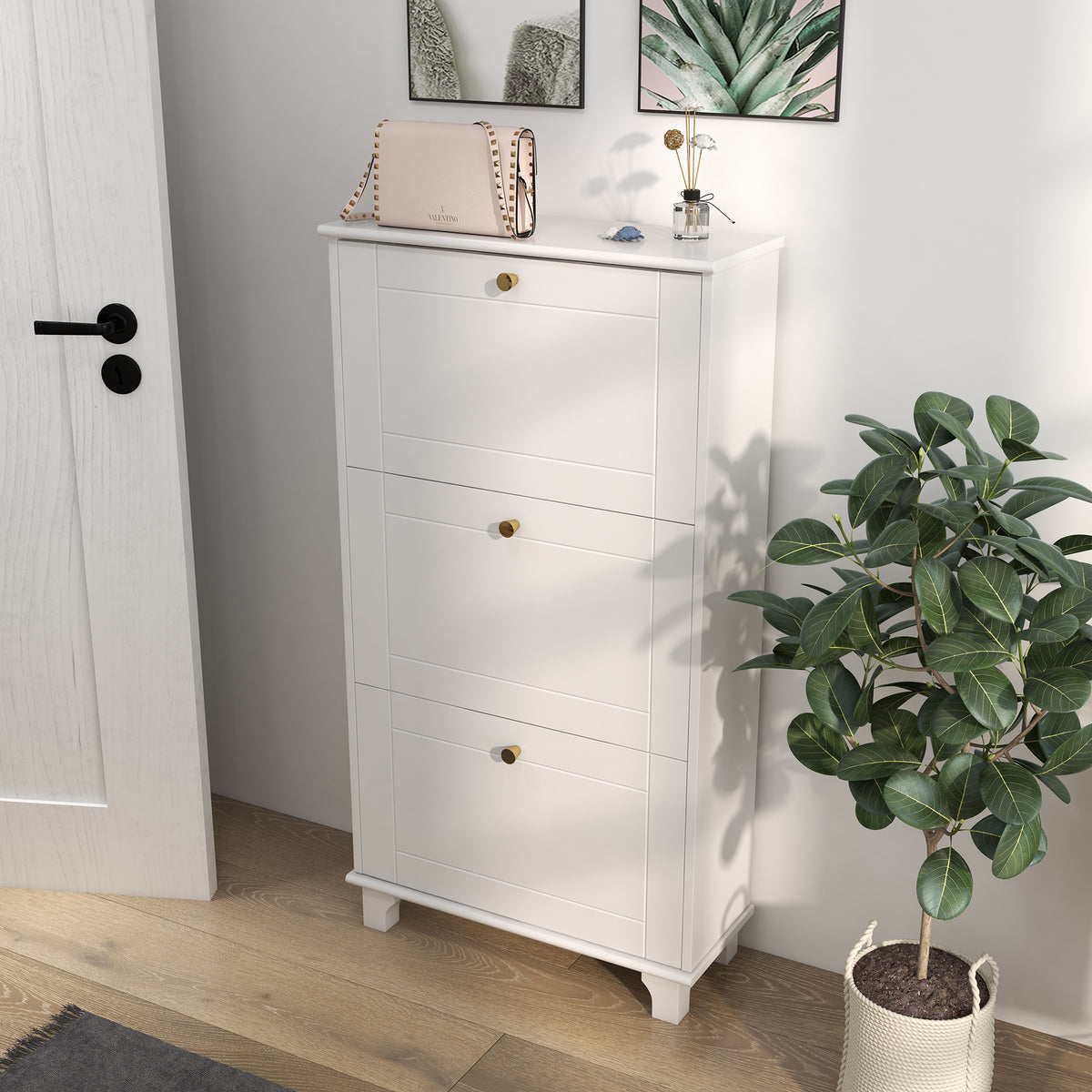 Narrow Shoe Storage with 3 Flip Drawers and Adjustable Shelves – 24"W x 49"H