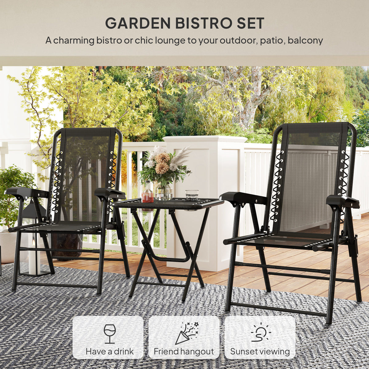 3 Pieces Patio Bistro Set, Outdoor Folding Table and Chairs Set, Metal Patio Furniture Set with Cup Holders – Black