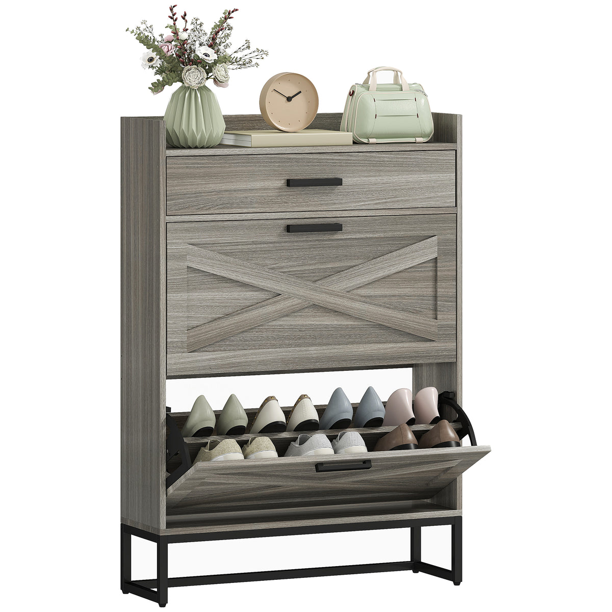 Slim Shoe Storage with 2 Flip Drawers and Adjustable Shelves – 32"W x 45"H