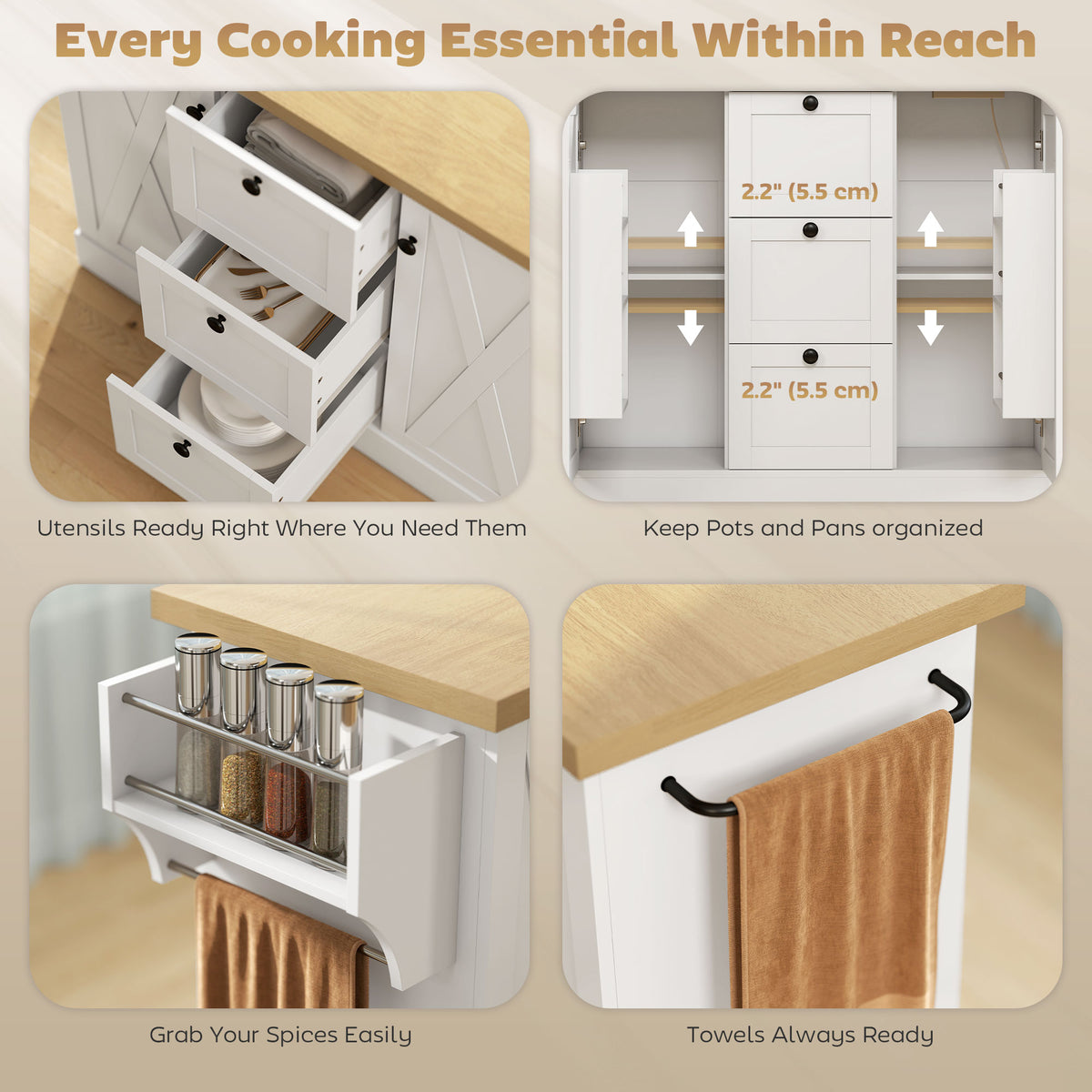 Farmhouse Kitchen Island Cart with Power Outlet and Soft-Close Doors – 49"W x 35"H