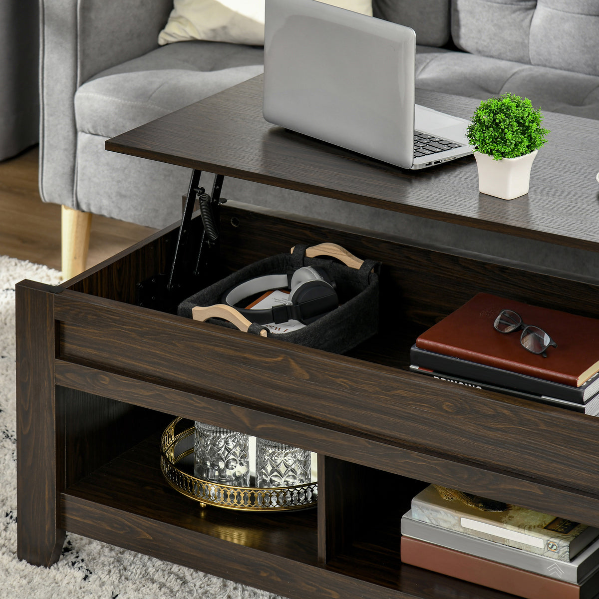 Lift-Top Coffee Table with Hidden Storage and Open Shelves