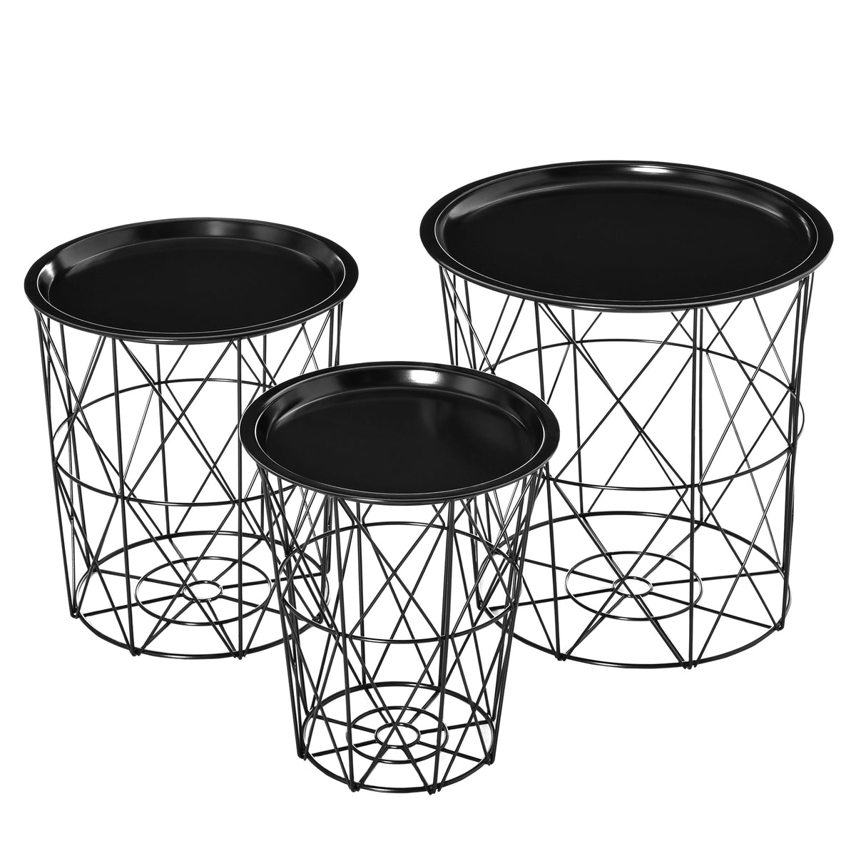 Round Nesting Coffee Tables Set of 3 with Basket Storage – Black