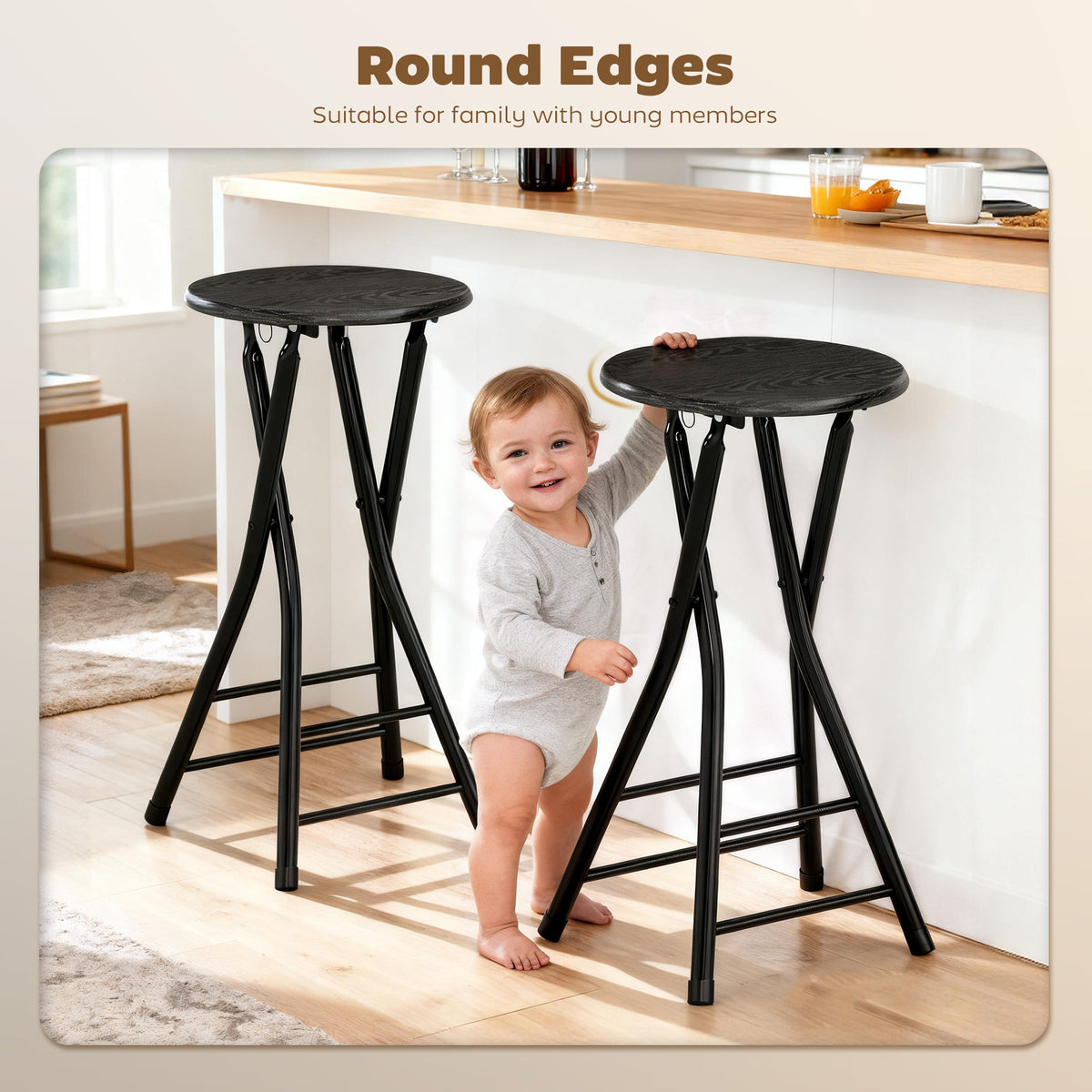 Foldable Counter Height Bar Stools with Double Footrest, Set of 4, Black