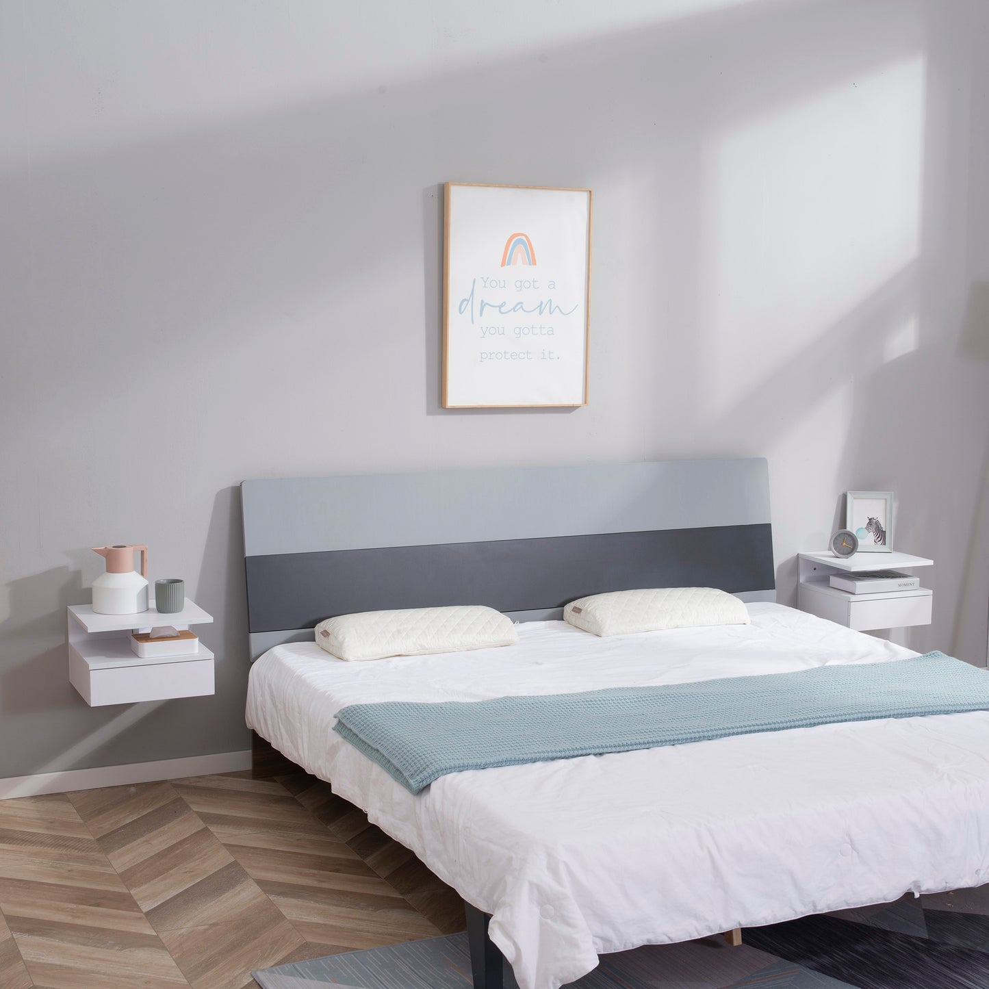 HOMCOM White Floating Wall Mounted Bedside Nightstands with Drawer and Shelf