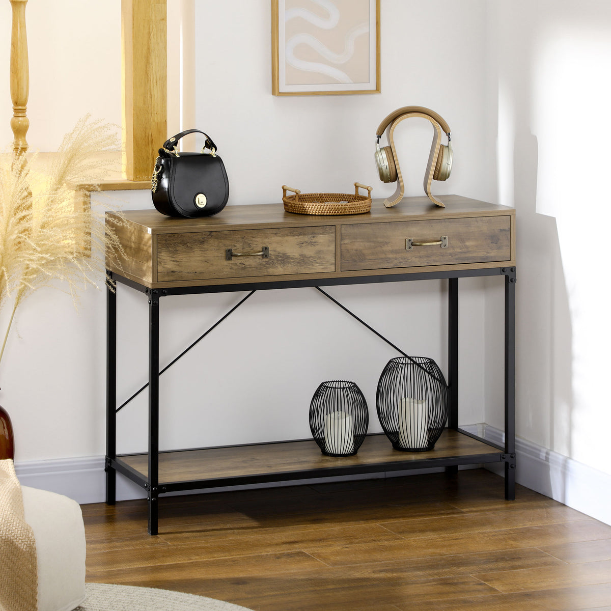 39" Vintage Console Table with Drawers & Storage Shelf