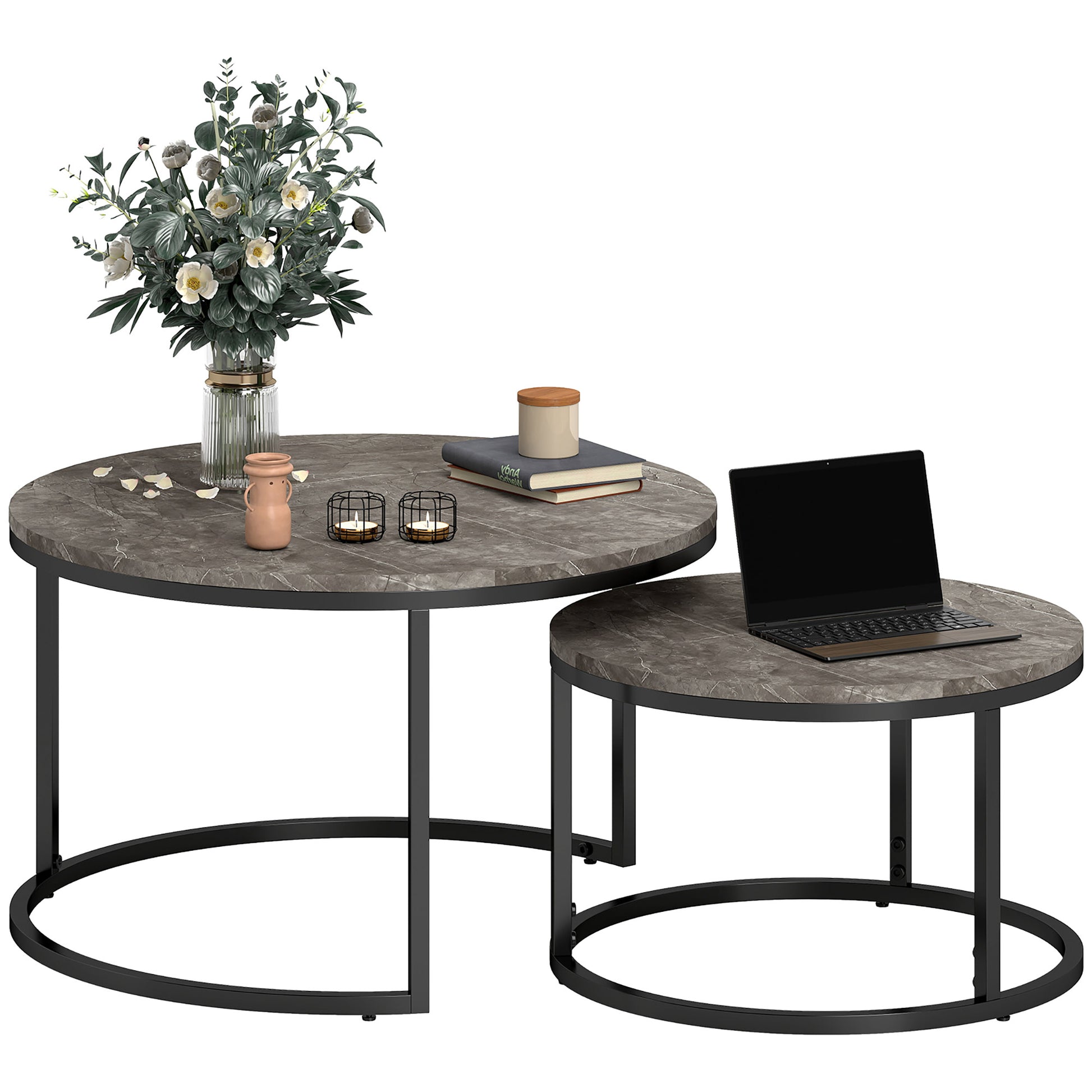 HOMCOM Modern Nesting Coffee & Side Table Set, 2 Faux Marbled Grey Tables