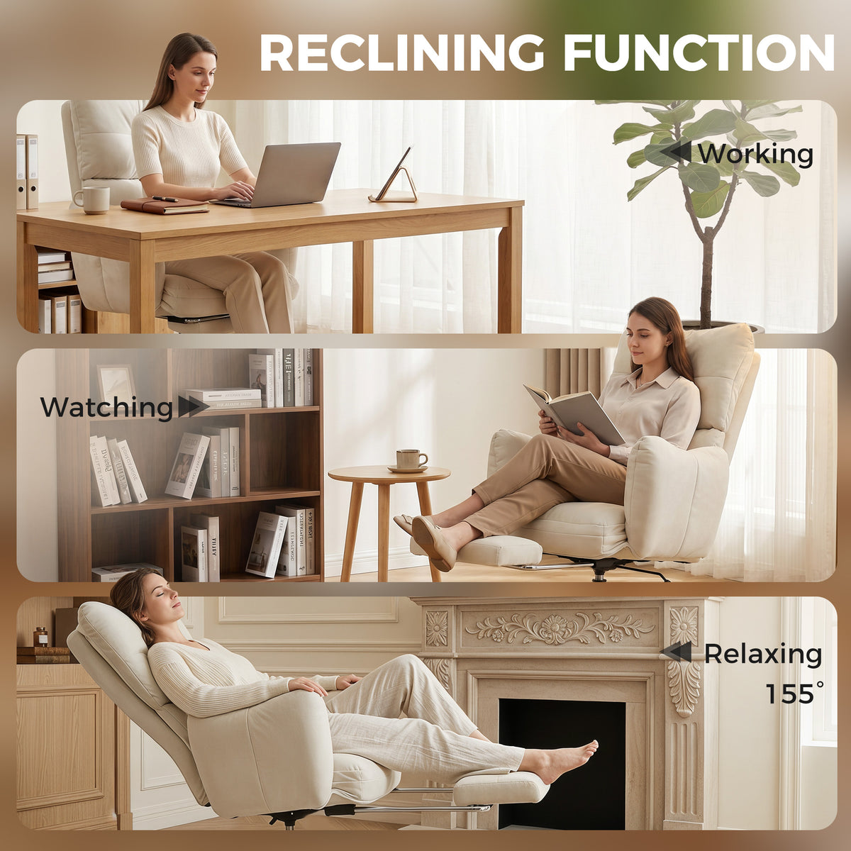 Office Chair with Footrest, Ergonomic Reclining Computer Gaming Chair with Snow Flannel Fabric, Cream