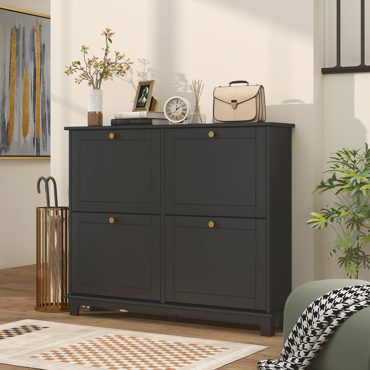 Modern Narrow Shoe Cabinet with 4 Flip Drawers – 47"W x 34"H