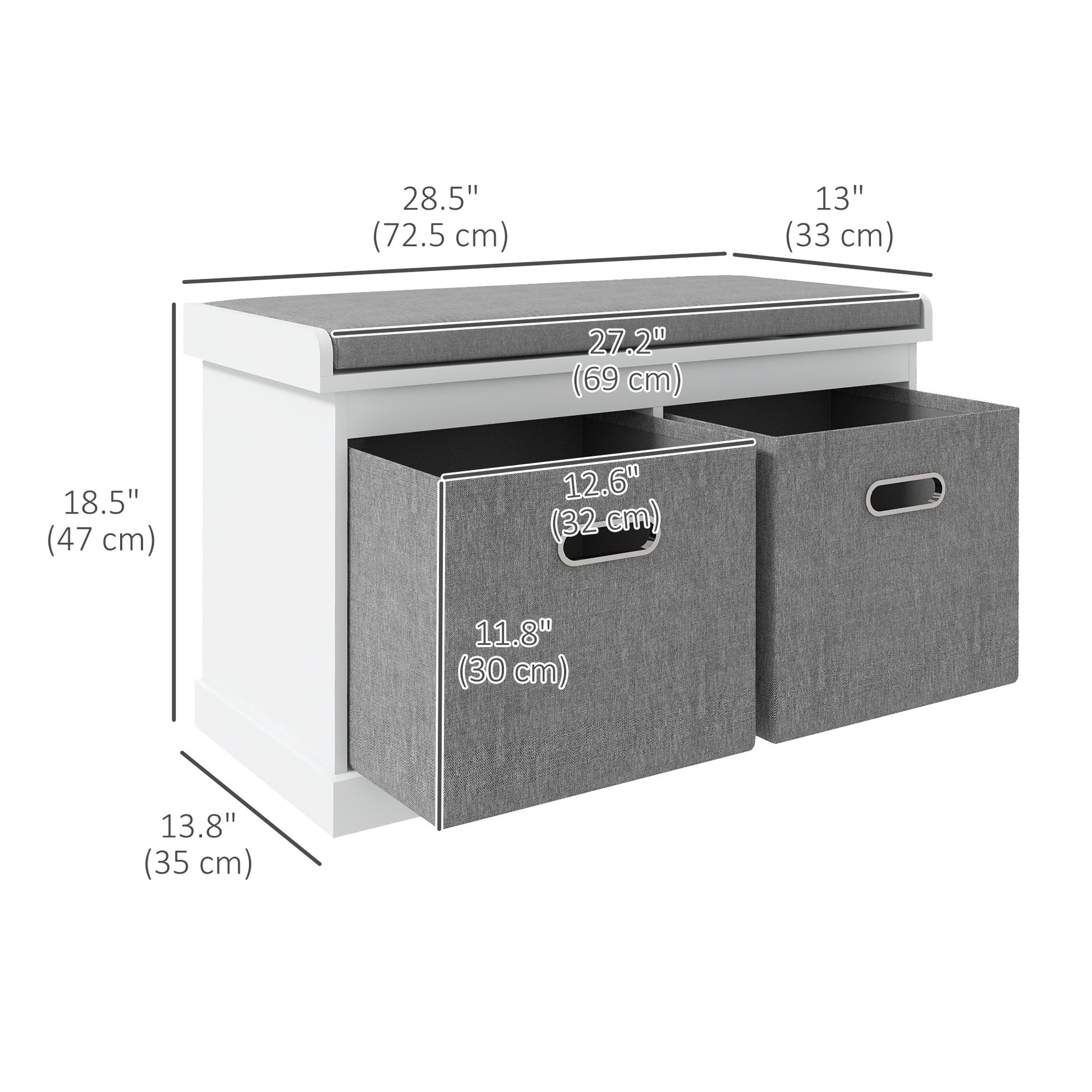 HOMCOM White Entryway Shoe Storage Bench, Comfortable Cushion, Two Fabric Drawers