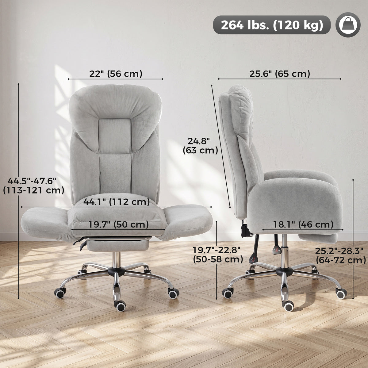 Cross Legged Office Chair with Footrest, 90°-180° Flip Armrests, Task Desk Chair, Light Grey