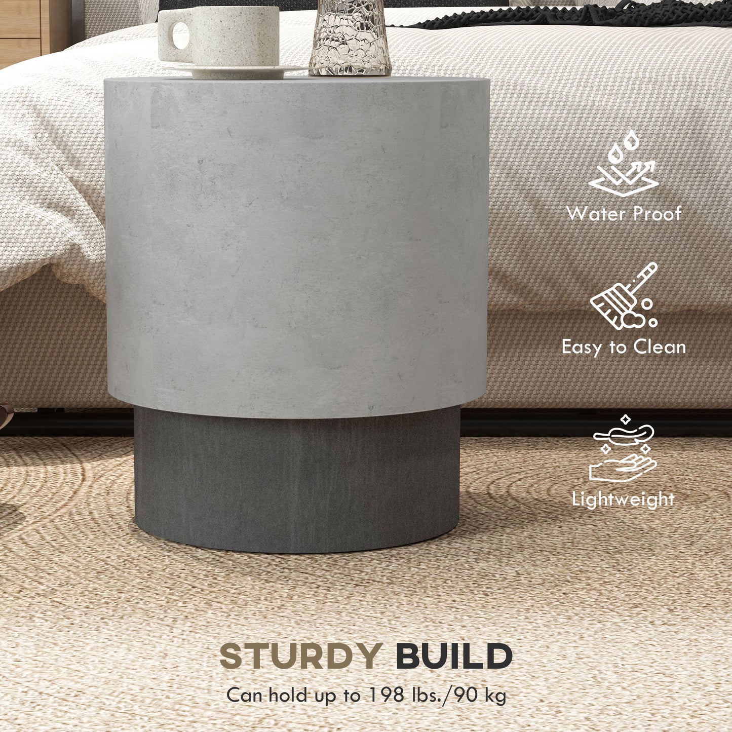 HOMCOM Round Concrete Finish Accent Side Table with Adjustable Feet - Indoor/Outdoor