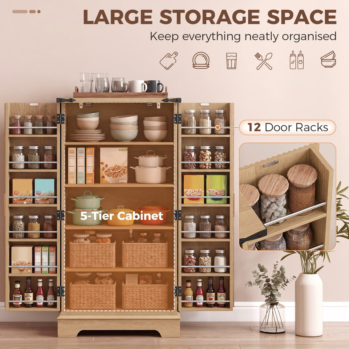 Kitchen Pantry Cabinet with Doors and Adjustable Shelves – 24"W x 46"H