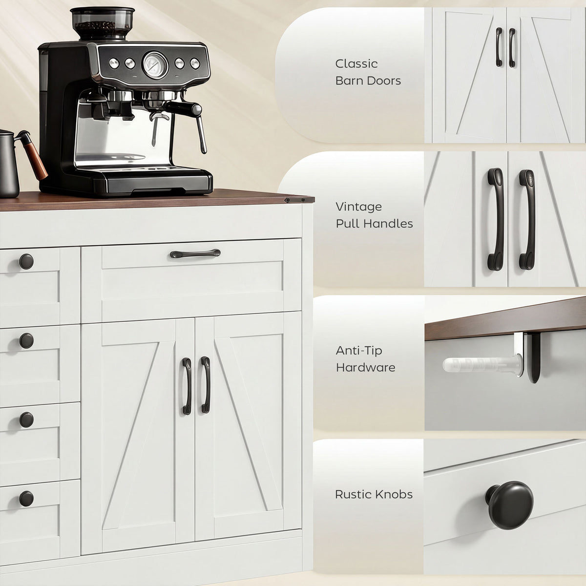 Farmhouse Kitchen Cabinet with 4 Barn Doors – 55"W x 32"H