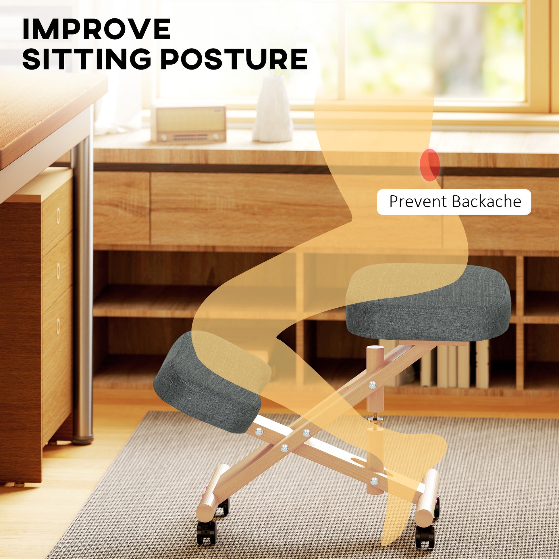 HOMCOM Ergonomic Kneeling Posture Chair: Rubberwood Frame, Wheels, Dark Grey