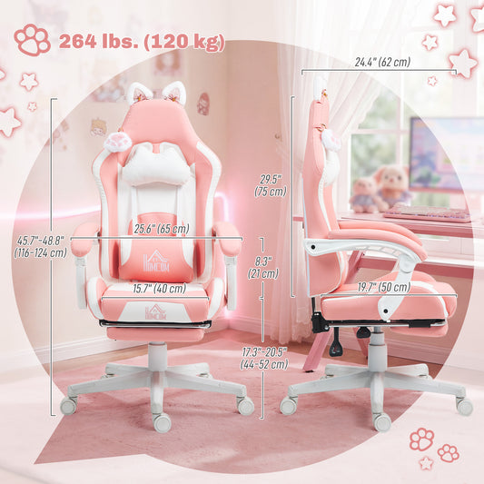 Cute Racing Gamer Chair, Faux Leather Gaming Chair with Footrest, Pink
