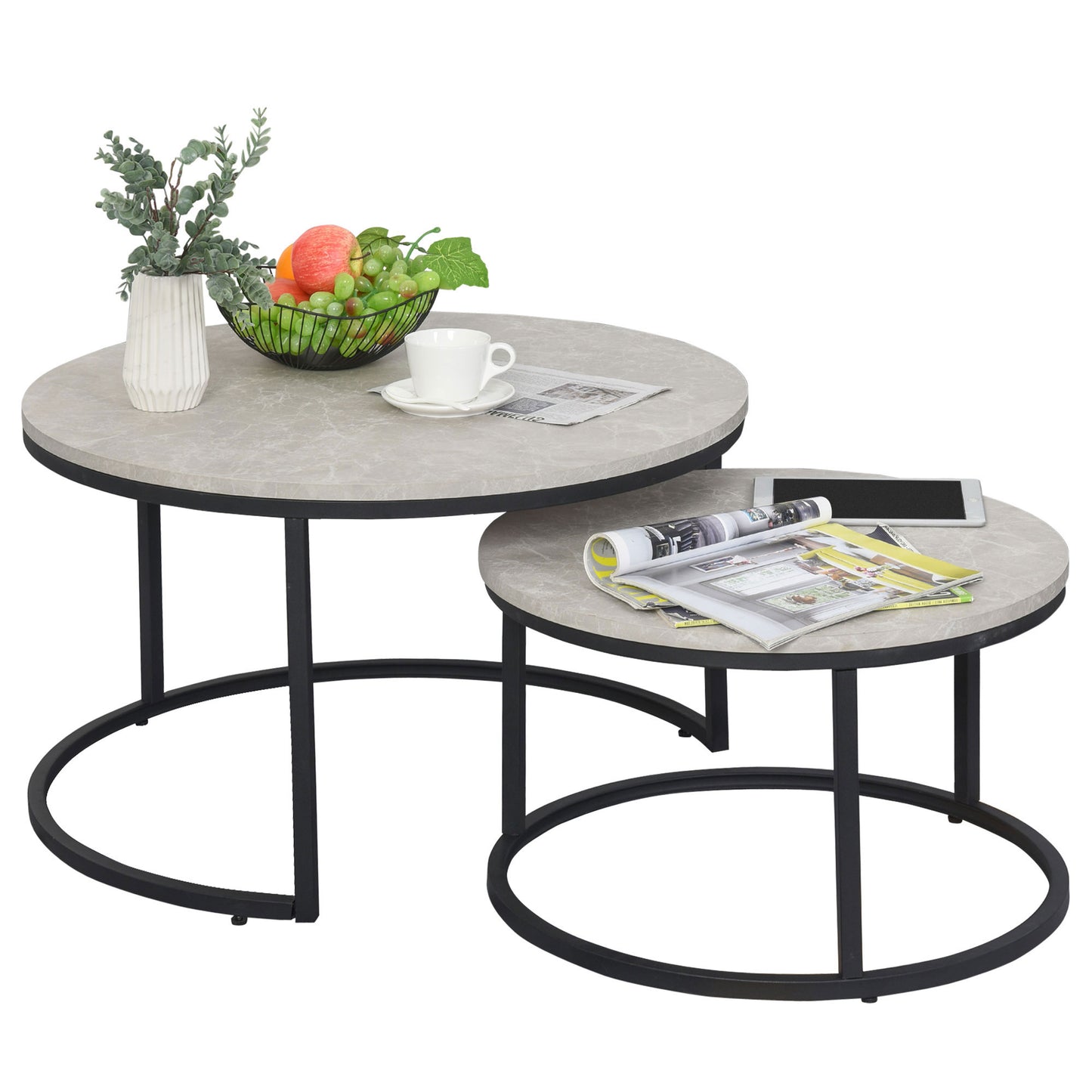 HOMCOM Modern 2-Piece Nesting Coffee Table Set, Round Cement Grey Living Room
