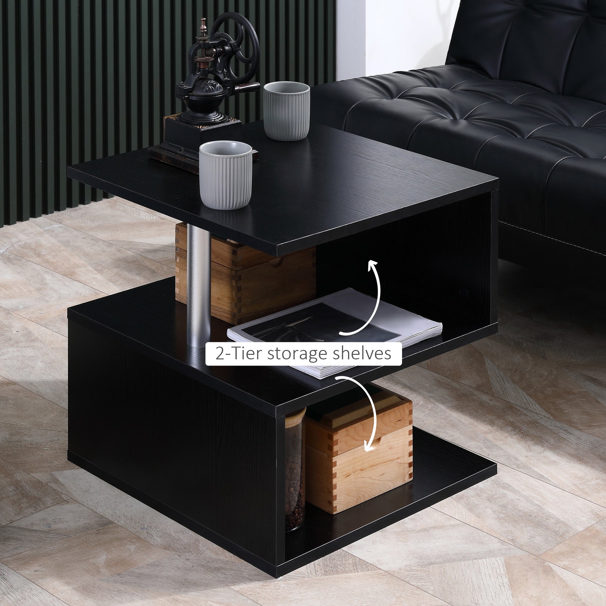 HOMCOM S-Shape 3-Tier Wooden End Table: Modern Black Storage Shelves